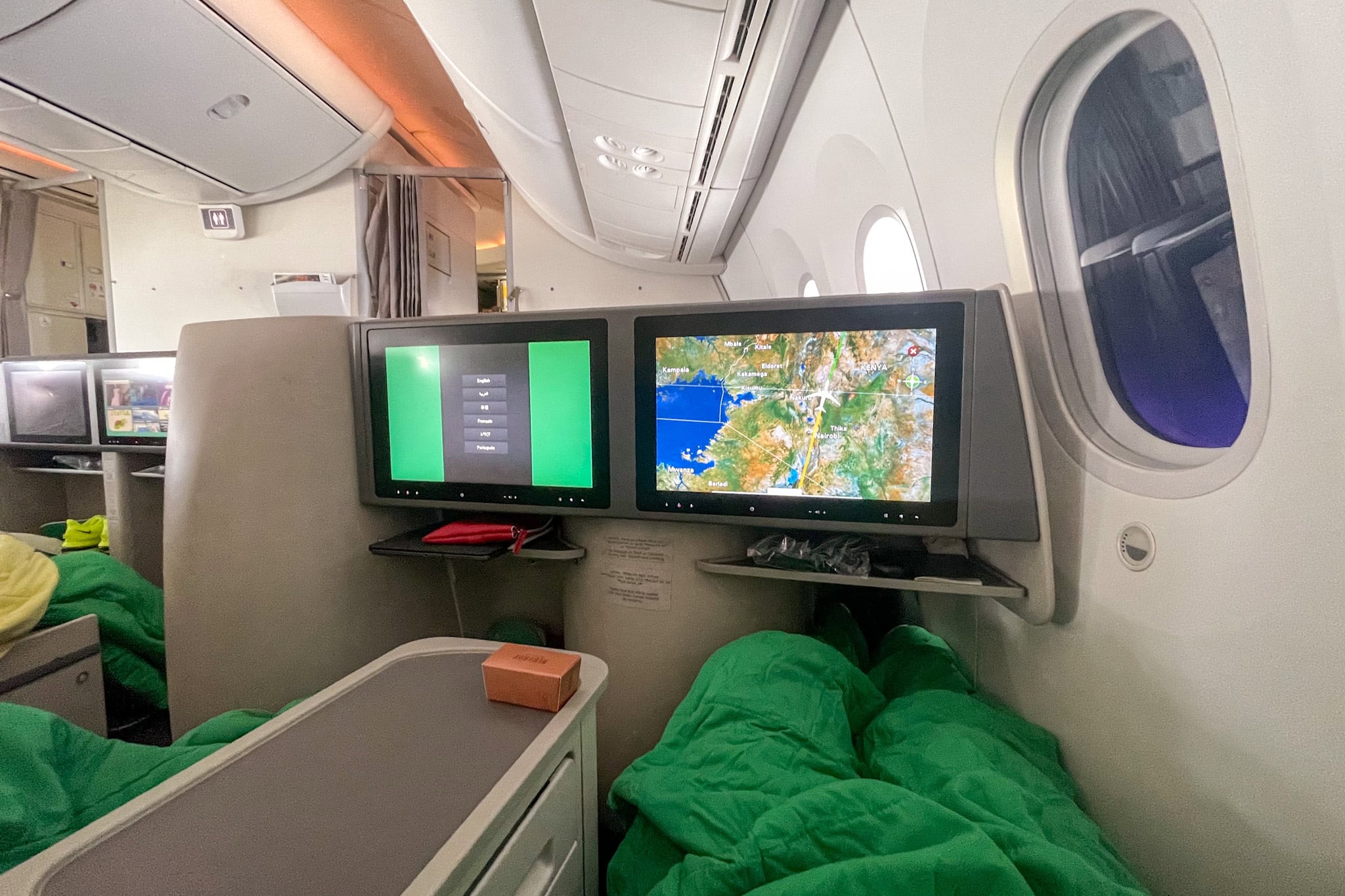 Entertainment screens in Ethiopian Airlines Business class (Boeing 787 Dreamliner) with lie flat seats