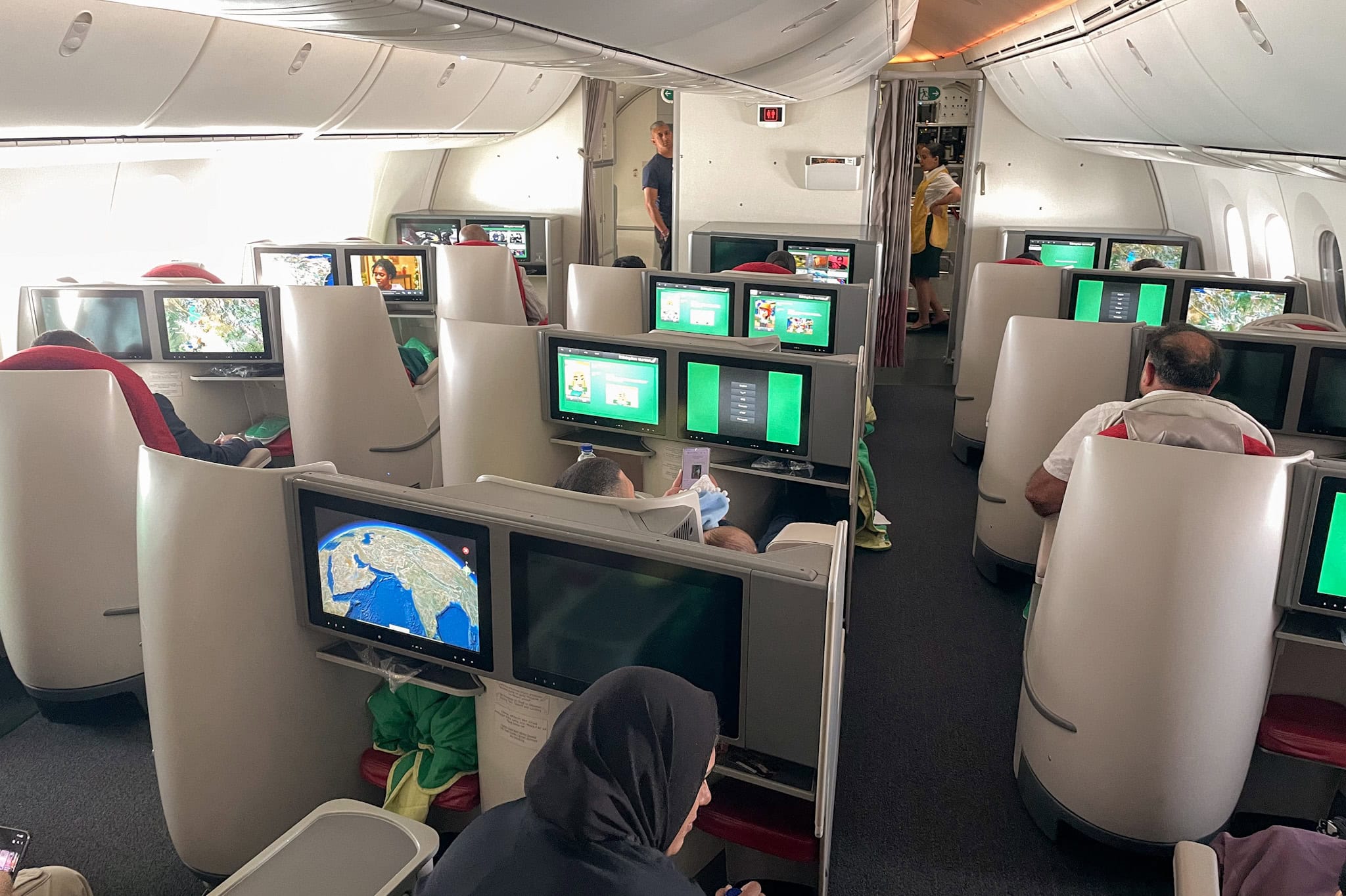 Boeing 787 Dreamliner Business class cabin with a 2-2-2 configuration, flying between Johannesburg and Addis Ababa