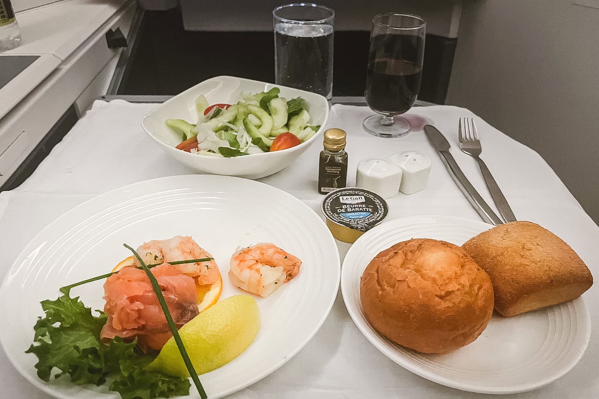 Salmon rose, tiger shrimp, bread rolls and salad for my dinner starter 