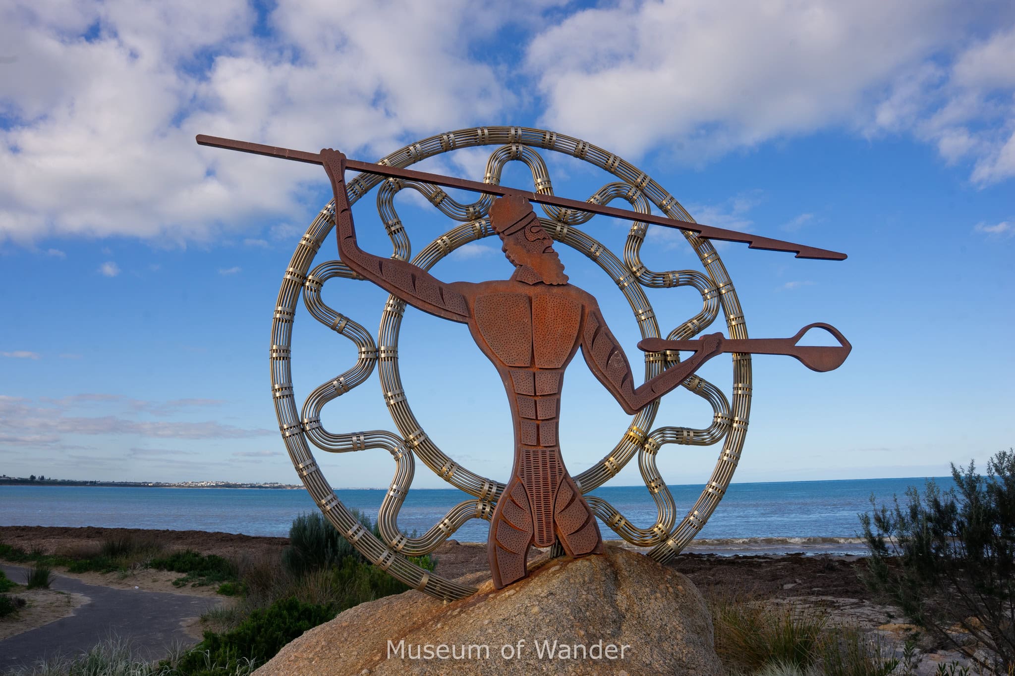 Steel statue of Ngurunderi at the causeway leading to Granite Island in Victor Harbor, South Australia