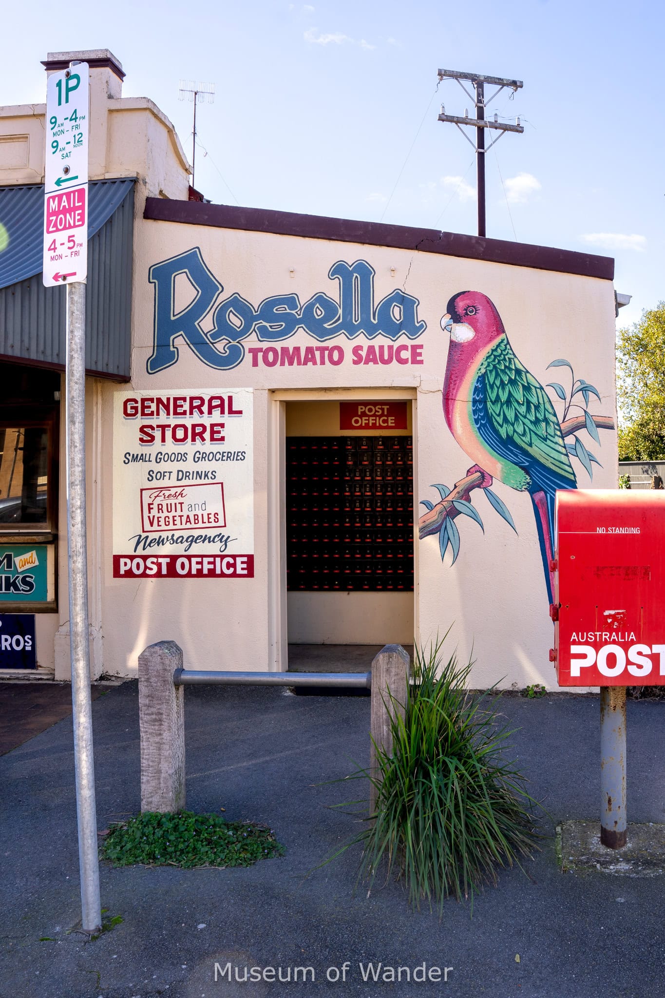A general store in Port Adelaide featuring a mural of a rosella parrot