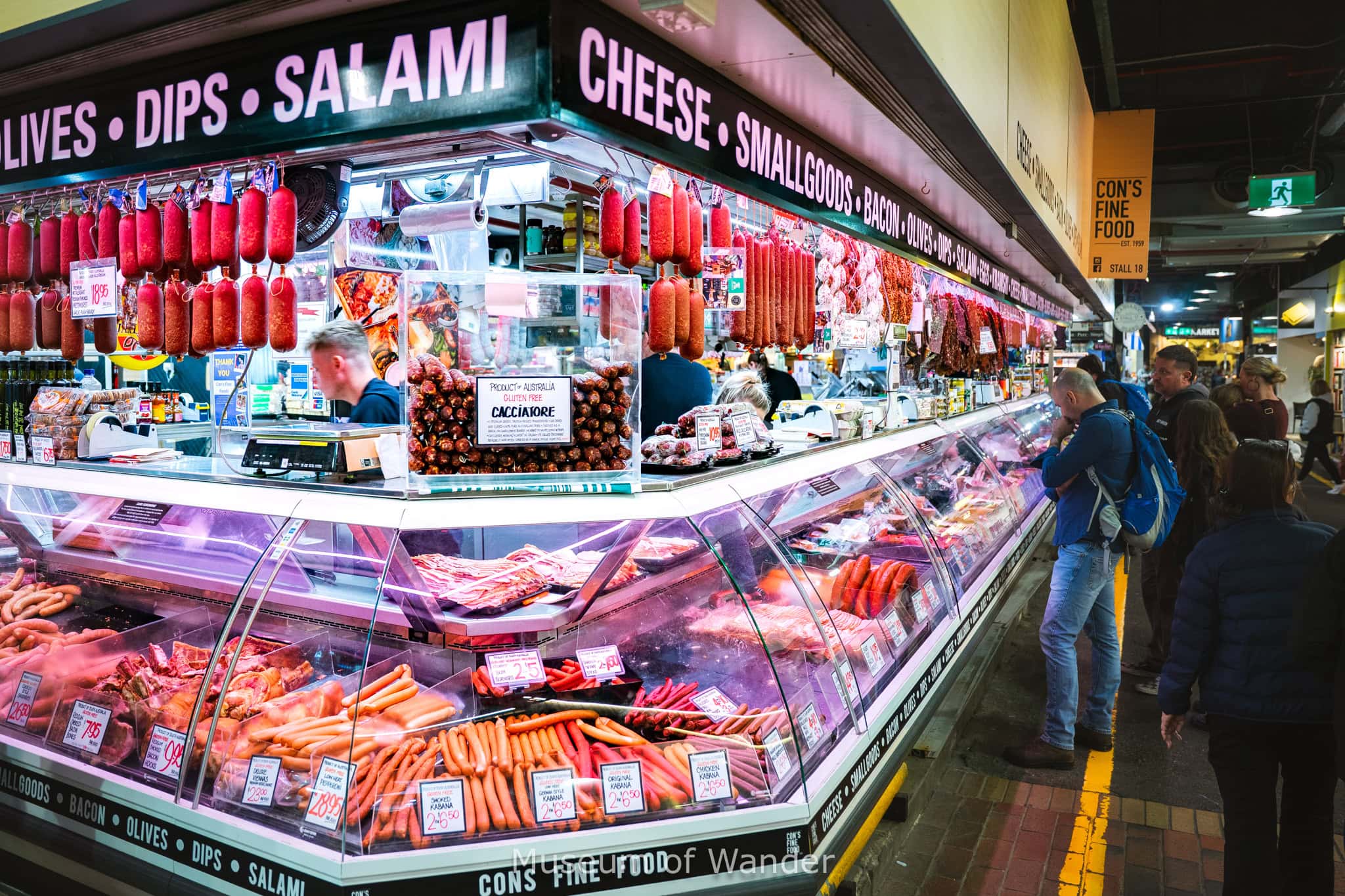 Large display of cold cuts, salami, sausages and other meats at Con's Fine Foods (Stall 18) at Adelaide Central Market