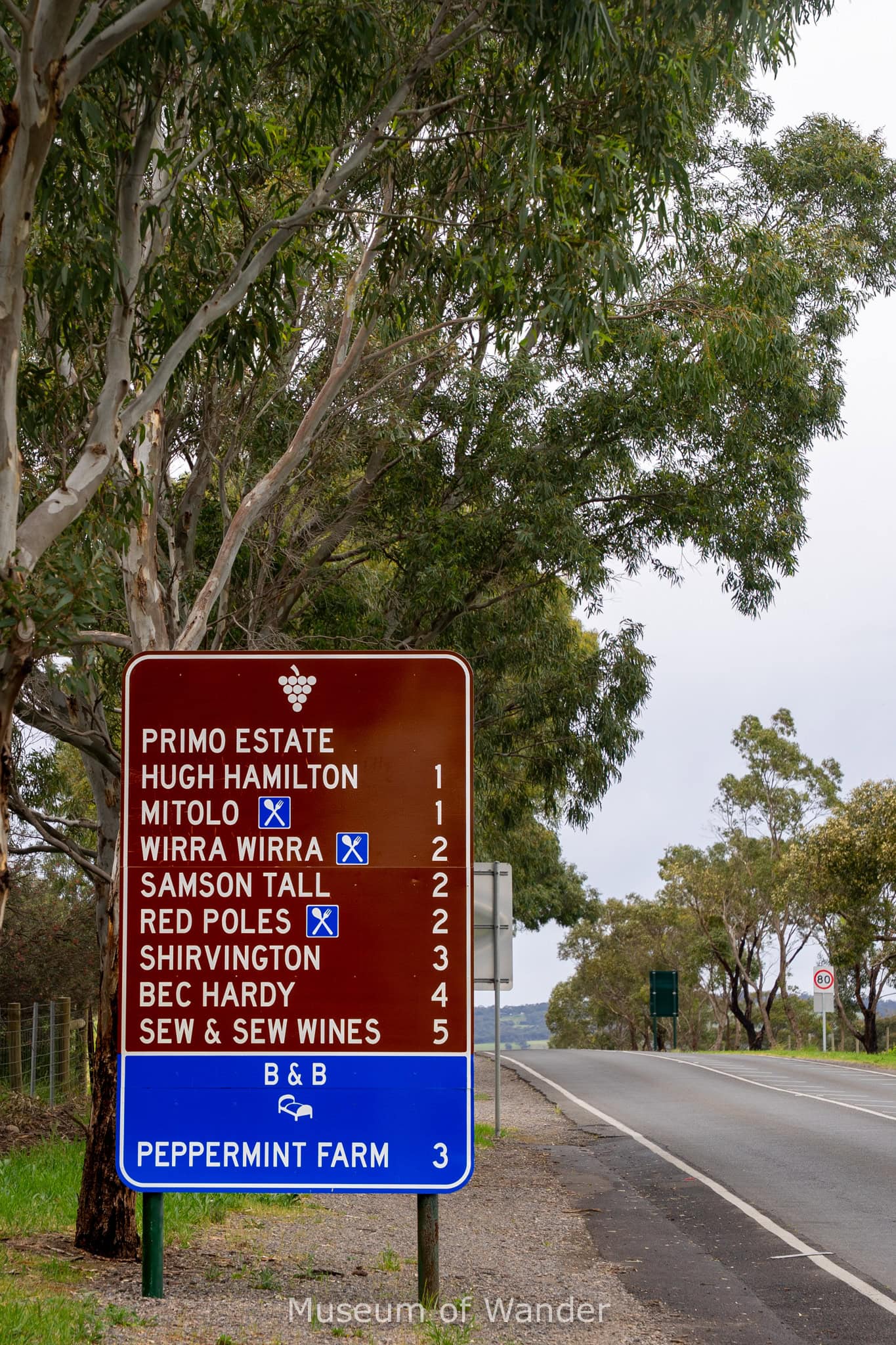 A road sign with the names of wineries in McLaren Vale